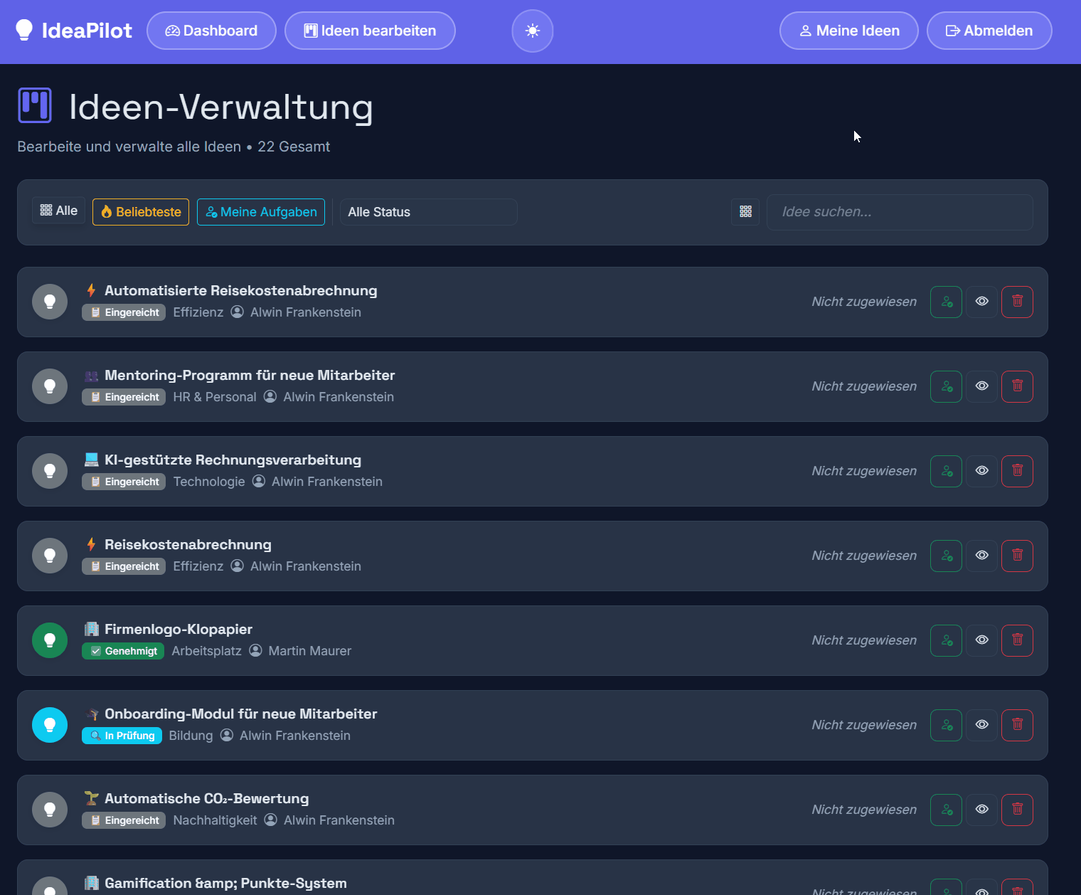 Admin management view in Idea-Pilot